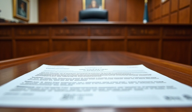 Courtroom setting with legal documents
