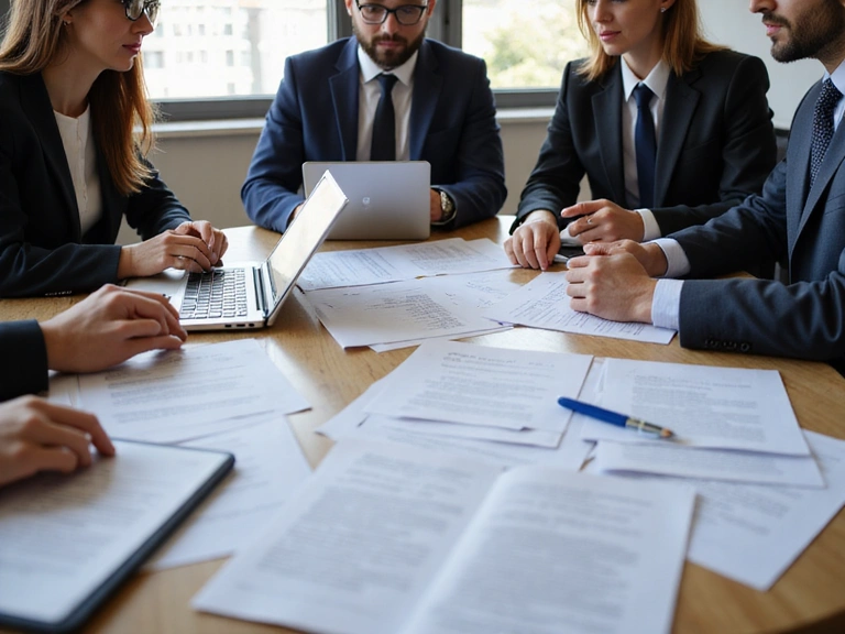 Legal team reviewing documents for business acquisition